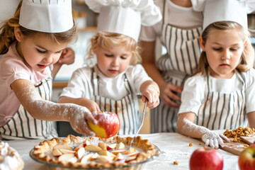 Wall Mural - Children learning to cook in the kitchen, wearing aprons and chef hats while preparing food together, close-up shot of kids cooking at home or school