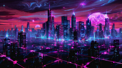 High-tech urban landscape with illuminated skyscrapers and neon digital waves at night