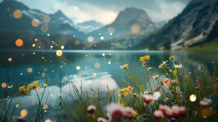 Sticker - Beautiful flowers grow abundantly on the shores of a calm lake and beautiful mountains in the background.