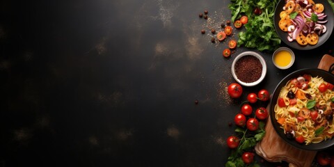 Wall Mural - Italian Pasta with Cherry Tomatoes and Parsley on Dark Background