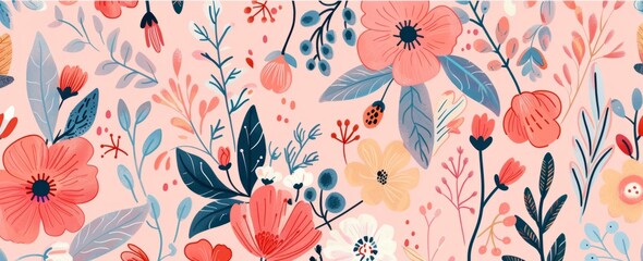Floral seamless pattern with hand drawn flowers and leaves, with a red, orange and blue color palette