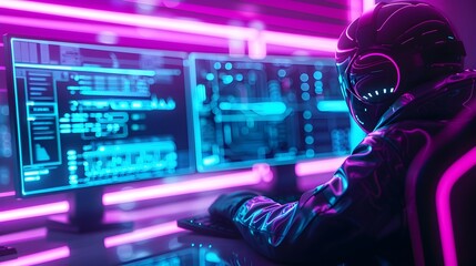 Wall Mural - Sci-Fi Hacker in Neon-Lit Tech Room with Advanced Digital Interface