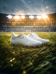 Spotlit Soccer Cleats on Lush Stadium Turf for Big Game