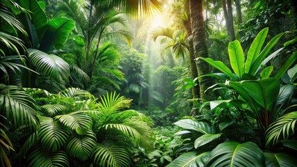 Sticker - Lush greenery and thick foliage in the depths of the tropical jungles, tropical, jungles, vegetation, green, dense, wild, forest