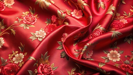 Poster - Red silk fabric with elegant flower pattern , luxury, elegant, fabric, texture, red, silk, floral, pattern, elegant