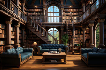Poster - A quiet library filled with rows of books waiting to be explored, offering an escape from the bustle of the outside world. Concept of intellectual refuge and scholarly pursuit. Generative Ai.