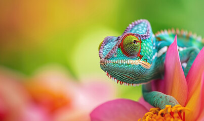 Chameleon on the flower. Beautiful extreme close-up
