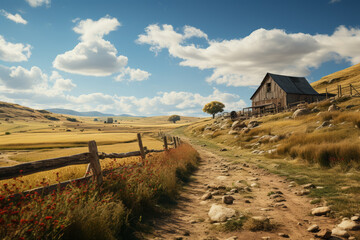 Poster - An abandoned countryside barn surrounded by fields of swaying grass, enveloped in silence. Concept of rural tranquility and pastoral calm. Generative Ai.