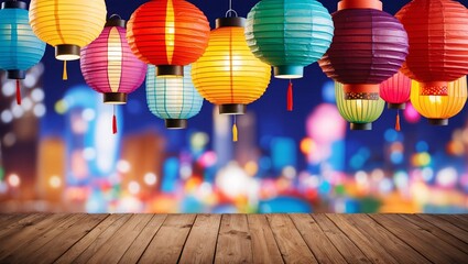 Wall Mural - Colorful paper lantern decoration, empty brown wooden table, blurred city lights bokeh background