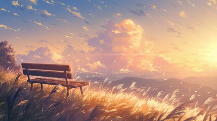 Wall Mural - view of an empty bench on a hill overlooking a cliff