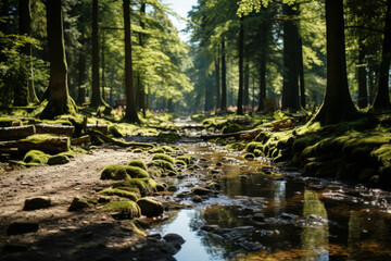 Wall Mural - A silent forest glade bathed in dappled sunlight, where the only disturbance is the occasional chirping of birds. Concept of woodland quietude and natural harmony. Generative Ai.