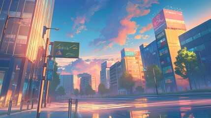 a stunning anime style sunset view in a corner of the city