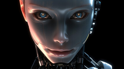 Female robot half body shot, Artificial intelligence concept, isolated black background