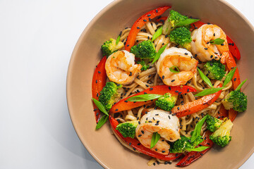 Wall Mural - Udon with shrimp, red pepper and broccoli.