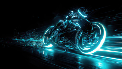 A futuristic biker wearing black and blue gear. Created with Ai