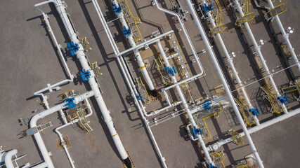 Wall Mural - Aerial view natural gas pipeline, High pressure pipes gas plant pipelines, Industry natural gas pipeline with high pressure compressor station energy transportation infrastructure, Gas plant station.