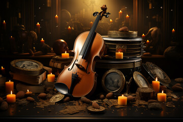 Poster - a collage of music-inspired elements, including sheet music, concert posters, and musical instrument
