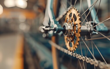 Close-up of a bicycle gear and chain mechanism in a workshop setting, showcasing precision engineering and craftsmanship.