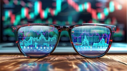 Poster - Eyeglasses reflecting stock market charts on a computer screen, showcasing financial data and stock market analysis visualization.