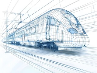 Futuristic High Speed Train Blueprint Diagram on White Background