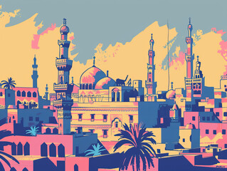 Wall Mural - Risograph riso print travel poster, card, wallpaper banner illustration, modern, clear, simple of Cairo Citadel, Cairo, Egypt. Artistic, landmark printing, stencil backdrop background