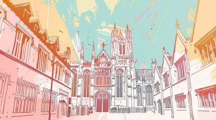 Wall Mural - Risograph riso print travel poster, card, wallpaper banner illustration, modern, clear, simple of Canterbury Cathedral, Canterbury, England. Artistic, landmark printing, stencil backdrop background