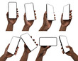 © guteksk7 - A set including black hand holding a generic modern smartphone with a blank screen in various positions, comprising perspective, vertical, and horizontal versions