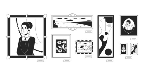 Wall Mural - Famous paintings for art gallery black and white 2D line cartoon objects set. Exhibition artwork isolated vector outline items collection. Masterpiece pictures monochromatic flat spot illustrations