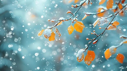 Canvas Print - Beautiful branch with orange and yellow leaves in late fall or early winter under the snow. First snow, snow flakes fall, gentle blurred romantic light blue background for design