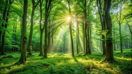 Green view of lush forest with sunlight filtering through trees, nature, foliage, trees, greenery, forest, environment