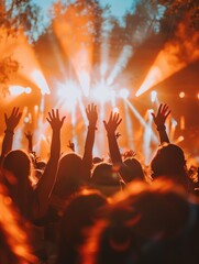 Wall Mural - Friends enjoying music festival, hands raised, festive celebration, live music joy.