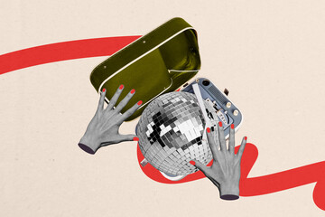 Poster - Composite photo collage of female hands weekend party supplies preparation disco ball player vintage isolated on painted background