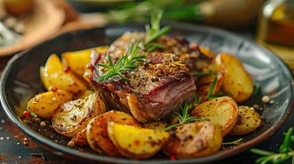 Poster - Succulent roasted lamb with golden potatoes and fresh rosemary in a rustic baking dish, savory