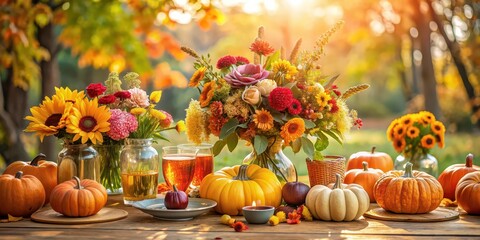 Sticker - Sun-drenched floral and pumpkin festooned table, a feast for the eyes in autumn, fall, autumn, table, sun-drenched, floral