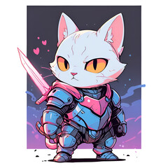 Poster - A cartoon cat is holding a sword and wearing a suit of armor