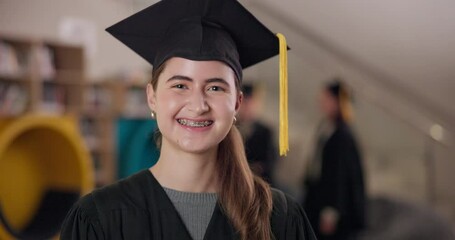 Poster - Happy, university and face of woman for graduation, academic ceremony and achievement. College scholarship, education and portrait of student on campus for education, learning and studying in hallway