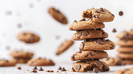Chocolate chip cookies falling on white background, food levitation