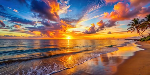 Wall Mural - Vibrant sunset over the ocean at a tropical beach , beach, sunset, sky, clouds, colorful, dusk, evening, horizon, sea