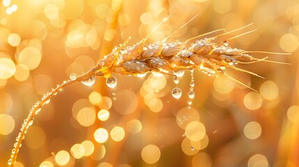 Drops of dew on a young wheat ear close-up macro in sunlight . Wheat ear in droplets of dew in nature on a soft blurry gold background