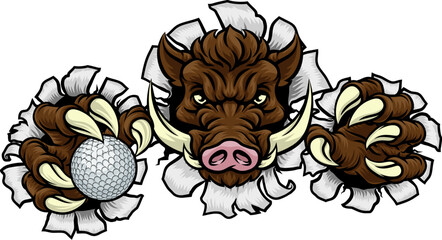 Wall Mural - A wild boar, hog razorback warthog pig mean tough cartoon sports mascot holding a golf ball