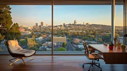 Wall Mural - Contemporary office with city view  wooden floors, concrete walls, and large windows