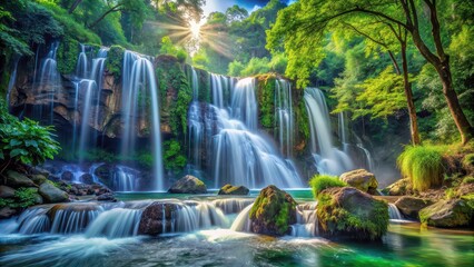 Sticker - Majestic waterfalls cascading down rocks in a fantasy world with dense lush forests , fantasy, waterfalls, lush, forests