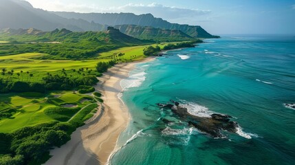 A beautiful beach with a rocky island in the background