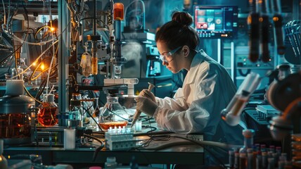 Poster - Scientist in a lab coat conducting experiments with a microscope and test tubes in a high-tech laboratory. AIG58