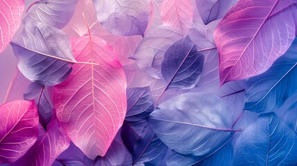 Canvas Print - Many transparent silhouettes of skeleton leaves on multi-colored blue violet lilac and pink background. Floral pattern of beautiful leaves in nature macro.