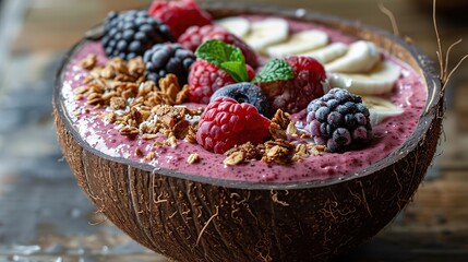Coconut Bowl Filled with Fresh Berries and Granola