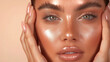 © Char_mon - A close up of a beautiful woman with perfect, clean, and fresh skin. Her makeup highlights a radiant, glowing complexion with shimmering highlights on her cheeks, nose, and eyelids