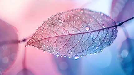 Wall Mural - Transparent skeleton leaf with beautiful texture on a blue and pink background, glass with shiny water drops close-up macro . Bright expressive artistic image nature, free space.