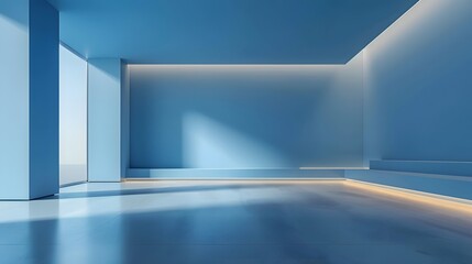 Poster - Universal minimalistic blue background for presentation. A light blue wall in the interior with beautiful built-in lighting and a smooth floor.