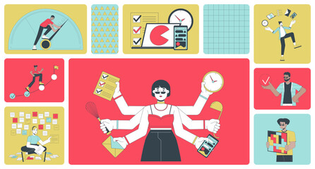 Poster - Productivity people bento grid illustration set. Office workflow 2D vector image collage design graphics collection. Task management. Busy multitasking employees flat characters moodboard layout